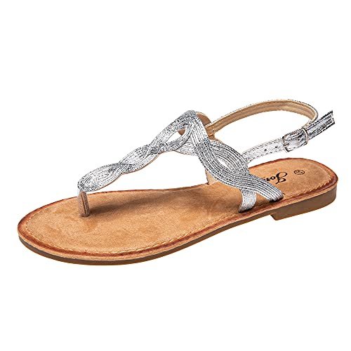 JOMIX Sommer Sandalen Damen Flache Zehentrenner Römersandalen Elegante Flip Flops Weiche Fußbett Strandschuhe Outdoor (Silber Größe Klein 1 Nummer, 36 EU) von JOMIX