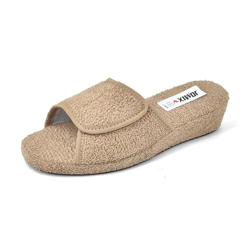 JOMIX Frottee Slipper Damen Offen Klettverschluss Hausschuhe Antirutsch Orthopädische Hausschuhe Pantoffeln Damen-Hausschuhe (Beige 37 EU) von JOMIX