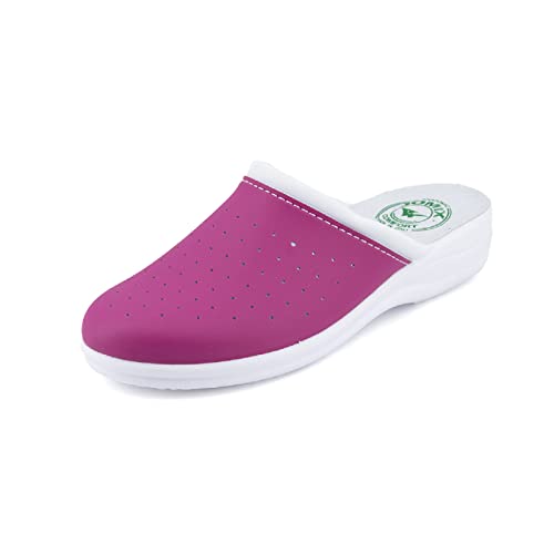 JOMIX Gartenschuhe Damen Clogs Pantoletten Berufsschuhe Kochschuhe Damen-Hausschuhe Sanitär-Clogs Medizinische Gartenschuhe Leder Fußbett (01 Fuchsia, 36 EU) von JOMIX