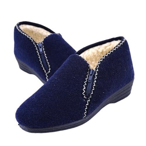 JOMIX Hausschuhe Damen Warm Gefüttert Pantoffeln Stiefelette Rutschfeste Gummisohle Hausstiefel mit Reißverschluss Knöchelhoch Filzoptik Made in Italy ITD2521 Blau 36 von JOMIX