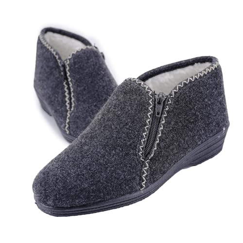 JOMIX Hausschuhe Damen Warm Gefüttert Pantoffeln Stiefelette Rutschfeste Gummisohle Hausstiefel mit Reißverschluss Knöchelhoch Filzoptik Made in Italy ITD2521 Grau 39 von JOMIX