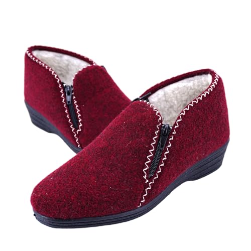 JOMIX Hausschuhe Damen Warm Gefüttert Pantoffeln Stiefelette Rutschfeste Gummisohle Hausstiefel mit Reißverschluss Knöchelhoch Filzoptik Made in Italy ITD2521 Rot 41 von JOMIX