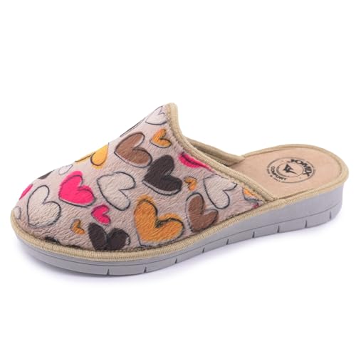 JOMIX Hausschuhe Damen Winter Gefüttert Rutschfest Geschlossene Pantoffeln Hausclogs mit offener Ferse Mules Plüsch Flauschiger Leichte Leise Sohle Leo-Print Made in Italy ITD2417 Beige 40 von JOMIX