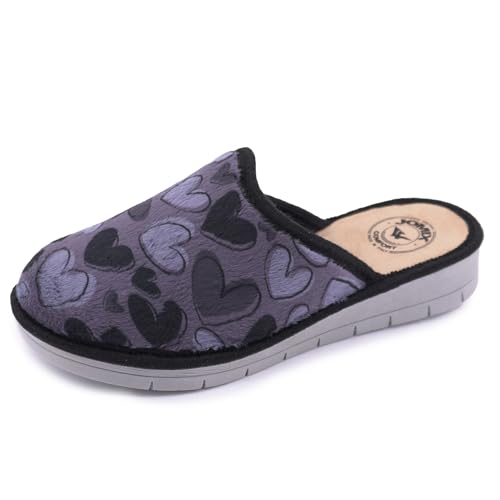 JOMIX Hausschuhe Damen Winter Gefüttert Rutschfest Geschlossene Pantoffeln Hausclogs mit offener Ferse Mules Plüsch Flauschiger Leichte Leise Sohle Leo-Print Made in Italy ITD2417 Schwarz 41 von JOMIX