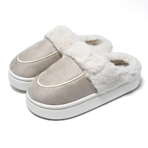JOMIX Hausschuhe Damen Winter Warm Gefüttert Pantoffeln mit Plüsch Unisex Slippers mit Fußbett Fliz Pantoffeln mit Fußbett (Kahki, 36-37 EU, MD9623) von JOMIX