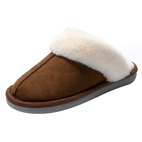 JOMIX Hausschuhe Damen Winter Warme Plüsch Puschen Gefüttert Bequeme Pantoffeln Weiche Rutschfeste Flache Slippers (Dunkelbraun, 41 EU) von JOMIX