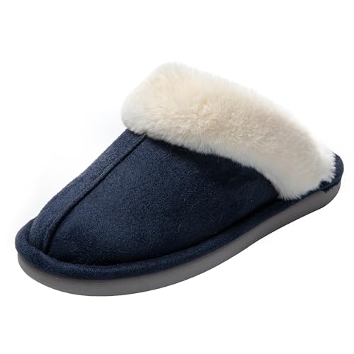 JOMIX Hausschuhe Damen Winter Warme Plüsch Puschen Gefüttert Bequeme Pantoffeln Weiche Rutschfeste Flache Slippers (Navy, 36 EU) von JOMIX