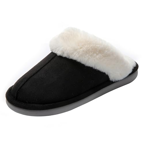 JOMIX Hausschuhe Damen Winter Warme Plüsch Puschen Gefüttert Bequeme Pantoffeln Weiche rutschfeste Flache Slippers (Schwarz, 36 EU) von JOMIX