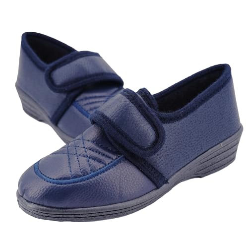 JOMIX Hausschuhe Damen mit Klettverschluss Orthopädisch Pantoffeln Anatomisch Weite Passform für Geschwollene Füße Hallux Valgus Rutschfeste Gummisohle Leicht und Bequem ITD2516 Blau 40 von JOMIX
