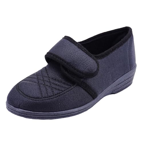 JOMIX Hausschuhe Damen mit Klettverschluss Orthopädisch Pantoffeln Anatomisch Weite Passform für Geschwollene Füße Hallux Valgus Rutschfeste Gummisohle Leicht und Bequem ITD2516 Schwarz 41 von JOMIX
