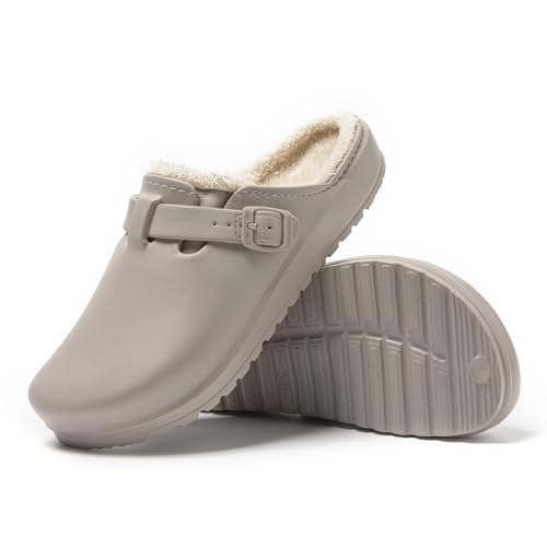 JOMIX Hausschuhe Herren Pantoletten Winter Bequeme Gefüttert Gummiclogs Warme Plüsch Kochschuhe Flach Wasserdicht Arbeitsschuhe Lammfell Arbeitsclogs (MU1018, Grau, 43 EU) von JOMIX