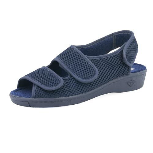 JOMIX Hausschuhe Klettverschluss Orthopädische Schuhe Flauschig Sandalen Weite H Rutschfeste Puschen Indoor Diabetiker Schuhe Senioren (Blau 38 EU, ES2501) von JOMIX