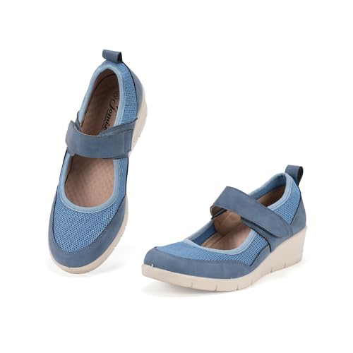 JOMIX Hausschuhe Klettverschluss Orthopädische Schuhe Flauschig Sandalen Weite H Rutschfeste Puschen Indoor Diabetiker Schuhe Senioren (Blau 38 EU, WCS250191) von JOMIX