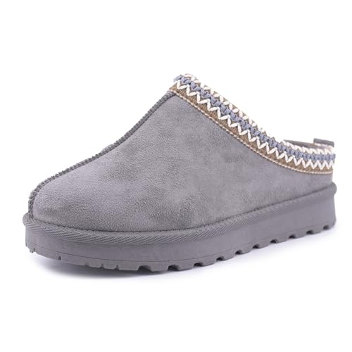 JOMIX Hausschuhe Damen Winter Gefüttert Rutschfest Geschlossene Pantoffeln mit offener Ferse Warmem Plüschfutter und Dicker Profilsohle Hausclogs in Wildleder Optik für Zuhause X007 Grau 38 von JOMIX