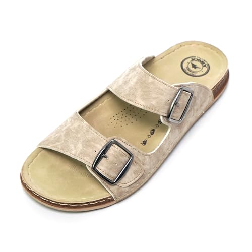 JOMIX Pantoletten Herren Sommer Elegant Hausschuhe mit Verstellbarer Rieme Atmungsaktiv Leichte Leder Sandalen Flache Strand Sommerschuhe Slipper (Beige, 44 EU) von JOMIX