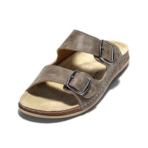 JOMIX Pantoletten Herren Sommer Elegant Hausschuhe mit Verstellbarer Rieme Atmungsaktiv Leichte Leder Sandalen Flache Strand Sommerschuhe Slipper (Braun, 45 EU) von JOMIX