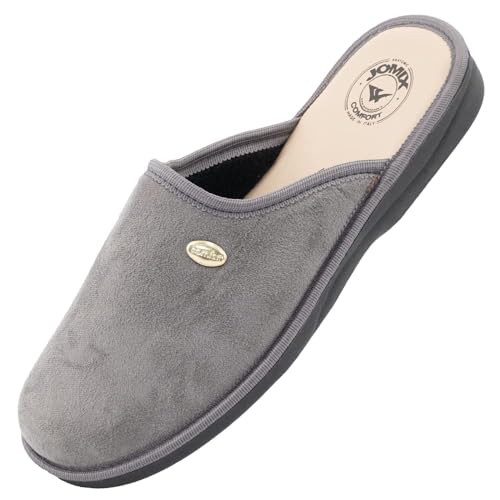 JOMIX Herren Hausschuhe Bequeme Leder Fußbett Pantoffeln Weiche Italien Pantoletten Rutschfeste Gummisohle Indoor Outdoor (01 Grau Größe Klein 1 Nummer, 41 EU) von JOMIX