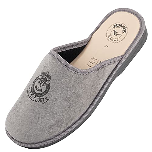 JOMIX Herren Hausschuhe Bequeme Leder Fußbett Pantoffeln Weiche Italien Pantoletten Rutschfeste Gummisohle Indoor Outdoor (03 Grau Größe Klein 1 Nummer, 44 EU) von JOMIX