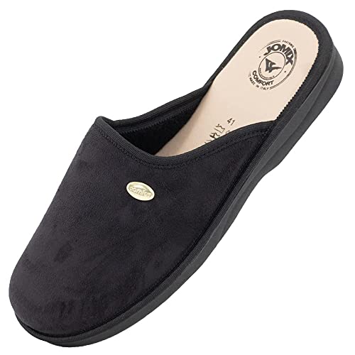 JOMIX Herren Hausschuhe Bequeme Leder Fußbett Pantoffeln Weiche Italien Pantoletten rutschfeste Gummisohle Indoor Outdoor (01 Schwarz Größe Klein 1 Nummer, 43 EU) von JOMIX