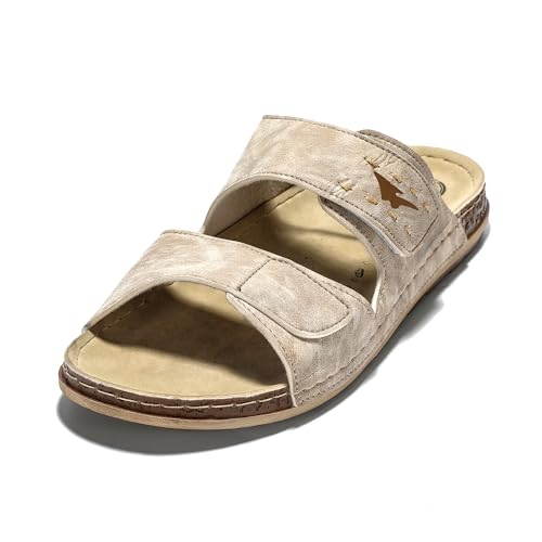 JOMIX Herren Leder Pantoletten Herren mit Fussbett Sandalen Sommer Badelatschen Leicht Clogs (Beige, 44 EU, TU2003) von JOMIX