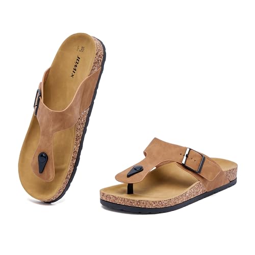 JOMIX Herren Pantoletten Sommer Clogs Sandalen Plateau Kork Flip Flops Verstellbare Schnalle Weicher Strand Meer Flache Sommerschuhe (Camel, 41EU, MCI250061) von JOMIX