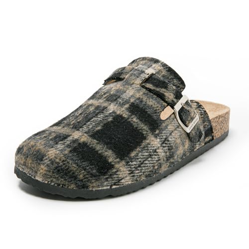 JOMIX Herren Pantoletten Winter Clogs Rutschfester Pantoffeln Bequeme Kork Filzclog Flache Hausschuhe mit Verstellbar Schnalle (MCT255084, kariert, 42 EU) von JOMIX