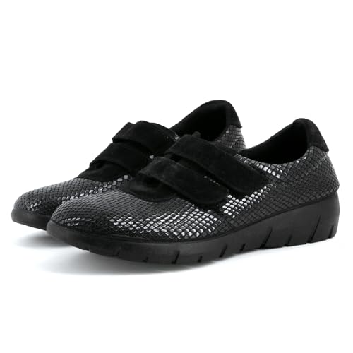 JOMIX Klettschuhe Damen Bequeme mit Doppel Klettverschluss Leichte Freizeitschuhe mit Rutschfester Keilsohle Orthopädische Schnürfrei Komfortschuhe für Alltag Pflege ESW2525 Schwarz 41 von JOMIX