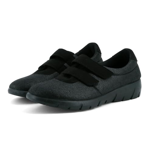 JOMIX Klettschuhe Damen Bequeme mit Doppel Klettverschluss Leichte Freizeitschuhe mit Rutschfester Keilsohle Orthopädische Schnürfrei Komfortschuhe für Alltag Pflege ESW2526 Schwarz 40 von JOMIX