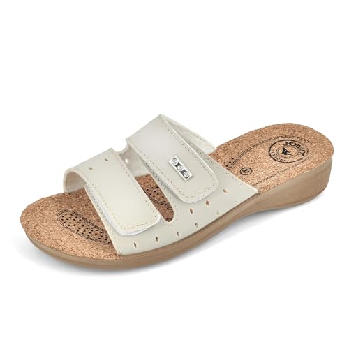 JOMIX Kunstleder Sandalen Gesundheitsschuhe Damen Klettverschluss Plateau Pantoletten Mädchen Strandschuhe Fussbettpantoffel (Beige, 39 EU, TD2017) von JOMIX
