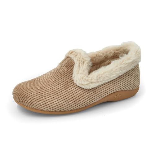 JOMIX Mokassins Damen Gefüttert Hausschuhe Geschlossene Lammfell Boots Winter Plüsch Kordsamt Pantoffeln rutschfeste Gummisohle Puschen Indoorschuhe Made in Spanien (MD2420, Beige, 36 EU) von JOMIX