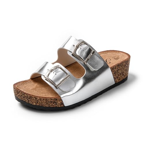 JOMIX Muttertag Pantoletten Damen Plateau Clogs Flache Sandaletten Sommer Bohemian Sandalen Schlappen (Silberweiß, 40 EU, SD8038) von JOMIX