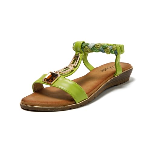 JOMIX Pantoletten Damen Bohemian Strass Keilabsatz Sandaletten Sommer Sandalen & Slides für Damen (Grün, 40 EU, SD9434) von JOMIX