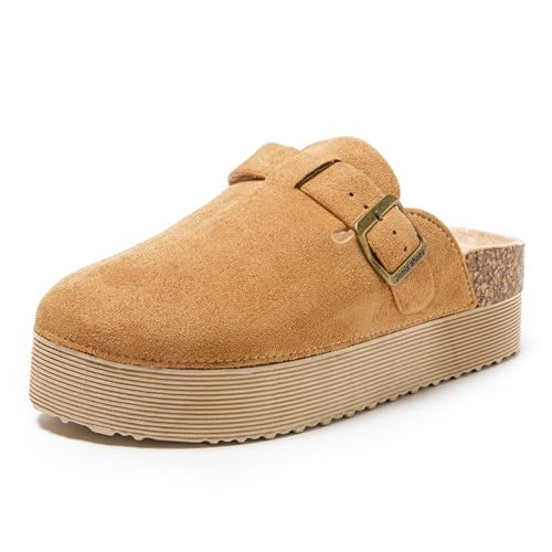JOMIX Pantoletten Damen Clogs Hausschuhe Rutschfester Slippers Bequeme Kork Fußbett Gartenschuhe mit Verstellbar Schnalle (WCT255086, Camel, 38 EU) von JOMIX