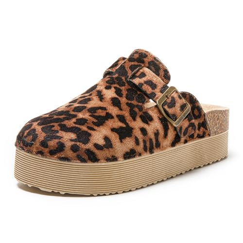JOMIX Pantoletten Damen Clogs Hausschuhe Rutschfester Slippers Bequeme Kork Fußbett Gartenschuhe mit Verstellbar Schnalle (WCT255086, Leopardenmuster, 37 EU) von JOMIX