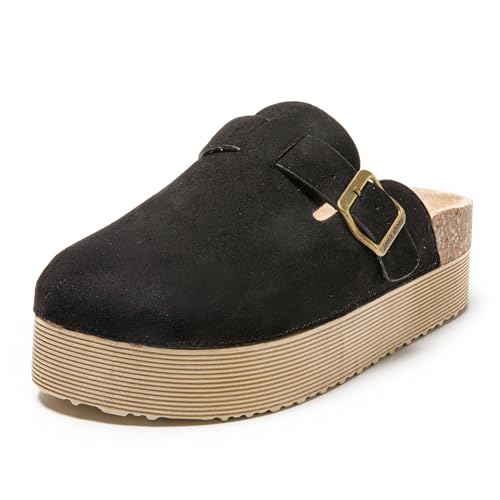 JOMIX Pantoletten Damen Clogs Hausschuhe Rutschfester Slippers Bequeme Kork Fußbett Gartenschuhe mit Verstellbar Schnalle (WCT255086, Schwarz, 37 EU) von JOMIX