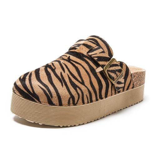 JOMIX Pantoletten Damen Clogs Hausschuhe Rutschfester Slippers Bequeme Kork Fußbett Gartenschuhe mit Verstellbar Schnalle (WCT255086, Zebrastreifen, 38 EU) von JOMIX