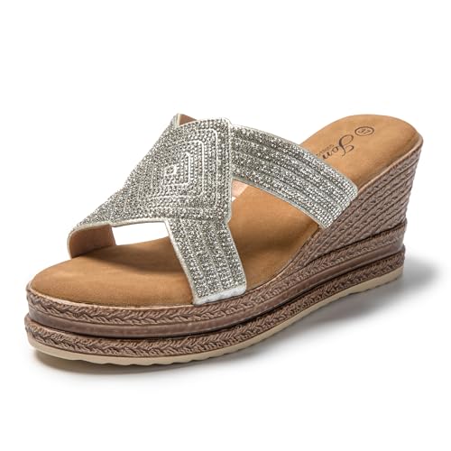 JOMIX Pantoletten Damen Elegant Sandalen mit Absatz Sommer Anatomische Fußbett Keil Strass Schlappen Strand Hausschuhe Strandsandalen (Silber, 39 EU) von JOMIX