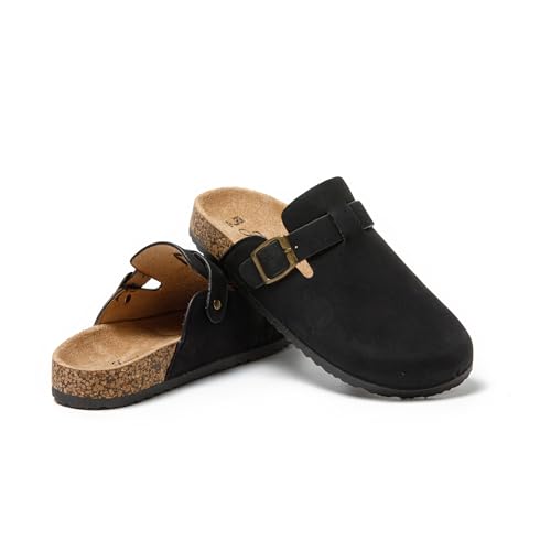 JOMIX Pantoletten Damen Geschlossen Hausschuhe mit Kork Fußbett Bequeme Leder Pantoffeln Flach Elegant Clogs rutschfeste Gartenschuhe (MD9516-1, Schwarz, 40 EU) von JOMIX