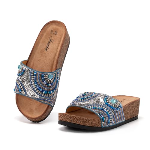 JOMIX Pantoletten Damen Glitzer Clogs Bohemian Bunte Sandalen mit Strassstein Plateau Bequeme Strand Kork Schuhe Sandals Römer Elegant Sandalette (Blau, 40EU, WCF250336) von JOMIX