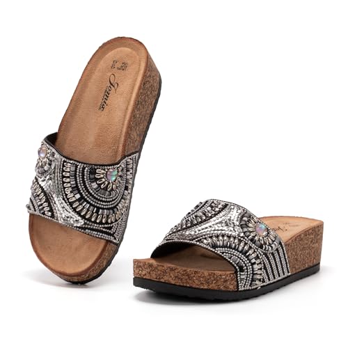JOMIX Pantoletten Damen Glitzer Clogs Bohemian Bunte Sandalen mit Strassstein Plateau Bequeme Strand Kork Schuhe Sandals Römer Elegant Sandalette (Schwarz, 40EU, WCF250336) von JOMIX