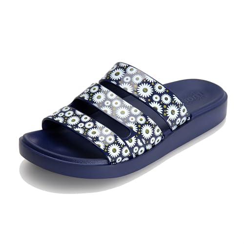 JOMIX Pantoletten Damen Sommer Gummi Schlappen Elegant Flach Hausschuhe Weiche Blumen Badelatschen Pool Meer Strand Badeschlappen (Navy, 40 EU) von JOMIX