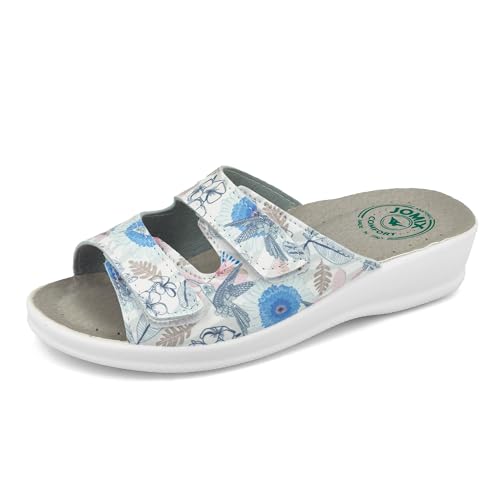 JOMIX Pantoletten Damen Sommer Klettverschluss Sandalen mit Keilabsatz Weiche Anatomische Gummi Medizinische Clogs Elegant Strand Pool Gartenschuhe (Blau, 40 EU) von JOMIX