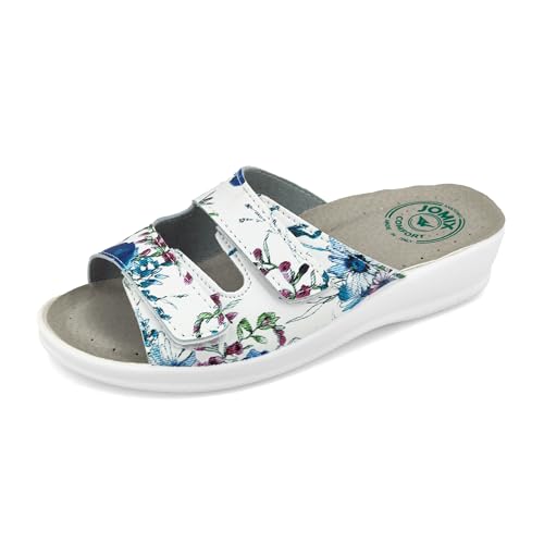 JOMIX Pantoletten Damen Sommer Klettverschluss Sandalen mit Keilabsatz Weiche Anatomische Gummi Medizinische Clogs Elegant Strand Pool Gartenschuhe (Blaue Blumen, 39 EU) von JOMIX