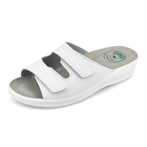 JOMIX Pantoletten Damen Sommer Klettverschluss Sandalen mit Keilabsatz Weiche Anatomische Gummi Medizinische Clogs Elegant Strand Pool Gartenschuhe (Weiß, 40 EU) von JOMIX