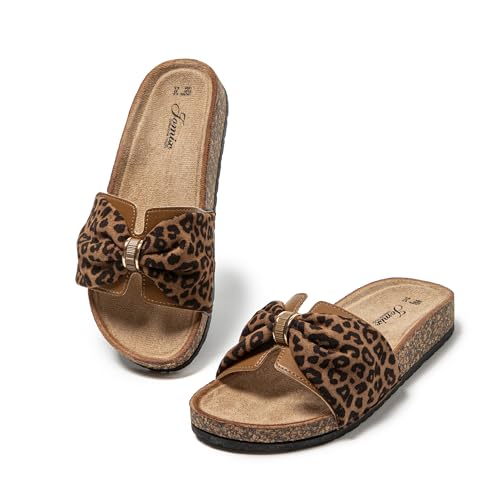JOMIX Pantoletten Damen Sommer Kork Clogs Fliege Strandsandalen Sommerschuhe Bequeme Strand Sandalen (Leopardenmuster, 38EU, WCF250717) von JOMIX