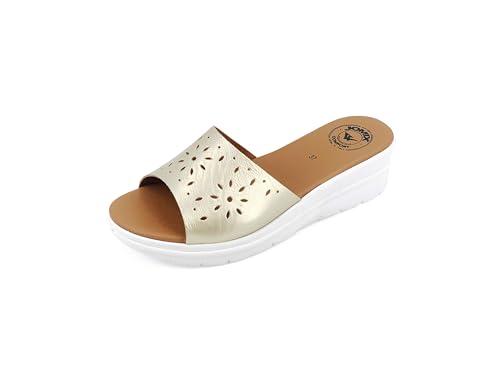 JOMIX Pantoletten Damen Sommer Sandalen mit Absatz Anatomische Fußbett Elegant Plateau Schlappen Strand Meer Pool Pantoffeln Slipper (Gold, 39 EU) von JOMIX