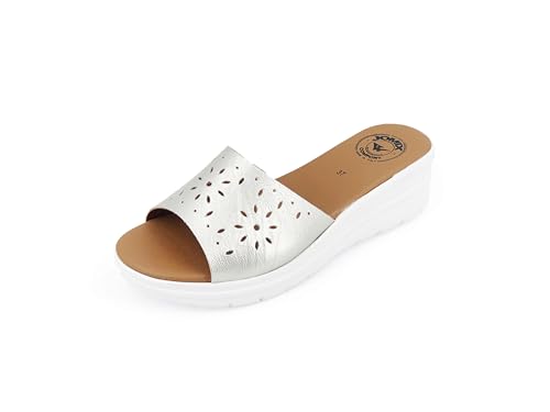 JOMIX Pantoletten Damen Sommer Sandalen mit Absatz Anatomische Fußbett Elegant Plateau Schlappen Strand Meer Pool Pantoffeln Slipper (Silber, 38 EU) von JOMIX