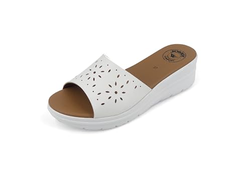 JOMIX Pantoletten Damen Sommer Sandalen mit Absatz Anatomische Fußbett Elegant Plateau Schlappen Strand Meer Pool Pantoffeln Slipper (Weiß, 40 EU) von JOMIX