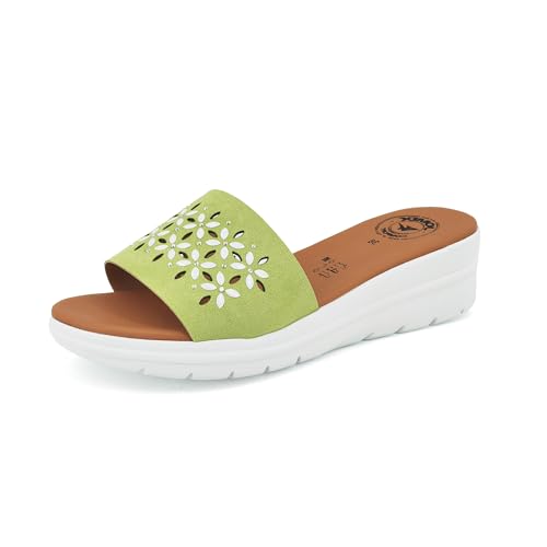 JOMIX Pantoletten Damen Sommer Sandalen mit Absatz Anatomische Fußbett Elegant Plateau Sternchen Schlappen Strand Pantoffeln Slipper (Grün, 37 EU) von JOMIX