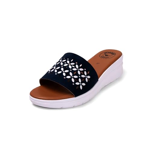 JOMIX Pantoletten Damen Sommer Sandalen mit Absatz Anatomische Fußbett Elegant Plateau Sternchen Schlappen Strand Pantoffeln Slipper (Navy, 39 EU) von JOMIX